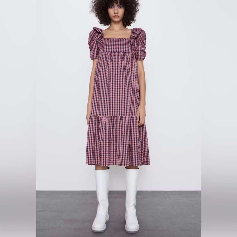 Zara Puff Sleeved Gingham Midi Dress - New With Tags